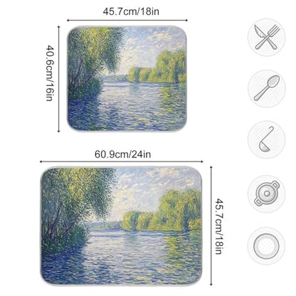 Watercolor River Trees Dish Drying Mat for Kitchen Counter Super Absorbent Draining Mat with Non-slip Backed Dishwashing Mat for Dish Bottles Cups Bowl Countertops Sinks Draining Racks