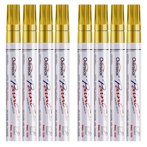 Overseas Paint Pens Paint Markers - Gold Permanent Markers 8 Pack, Oil Based Waterproof Quick Dry Medium Tip Marker Pen for Metal, Wood, Fabric, Plastic, Rock, Stone, Mugs, Canvas, Glass, Art Craft - color: Gold