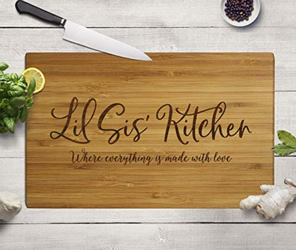 Andaz Press Large Bamboo Wood Cutting Board Gift, 17.75 x 11-inch, Lil Sis' Kitchen Where Everything is Made With Love, 1-Pack, Engraved Serving Chopping Board Christmas Birthday Chef Kitchen Ideas - color: Lil Sis