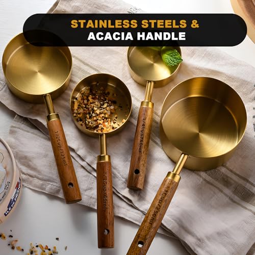 SHIKORI Gold Measuring Cups and Spoons Set with Wood Handles, Premium Stainless Steel Measuring Spoons and Measuring Cups Set-Gold - color: Gold