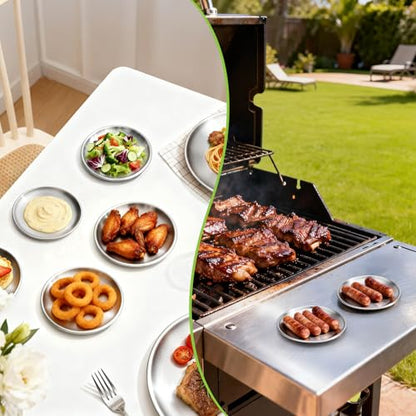 Stainless Steel Plates, 4 Set 6.7 inch Mini 201 Metal Food Serving Plate, Reusable Snack Eating Dishes Round Brushed Finish Silver Dinnerware Dish for BBQ Dinner Oven Dishwasher Safe - size: 6.7"