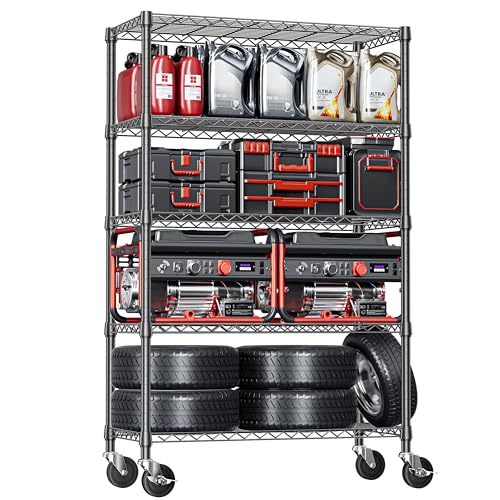 IZEUK 5-Tier Adjustable Heavy Duty Steel Wire Shelving Unit with Wheels, Storage Rack Organizer for Garage, Kitchen, Office, Laundry, Basement (Black, 17.7" D x 47.2" W x 76.7" H, 1750 lbs Capacity) - color: Black, size: 5 Tier, 17.7" D x 47.2" W x 76.7"