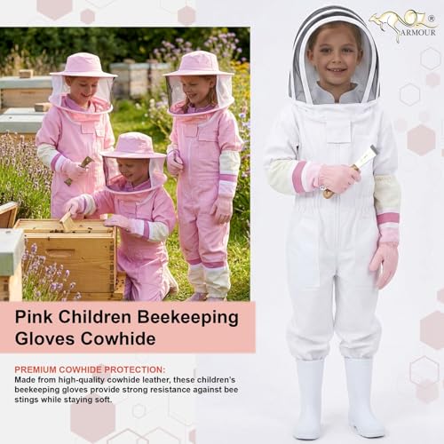 Pink Children Beekeeping Gloves Cowhide Leather Ventilated Sting Resistant Kids Bee Gloves Protective Long Sleeve Durable Grip (L) - size: Large