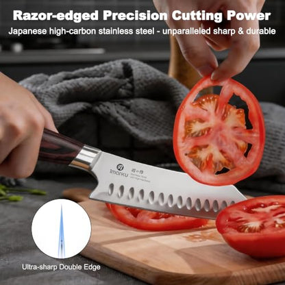 imarku Santoku Chef Knife 7 Inch, Ultra Sharp High Carbon Stainless Steel Japanese Kitchen Knife with Hollow Edge | Ergonomic Pakkawood Handle, Gift Box for Meat/Vegetables/Tomatoes & Daily Cooking - color: Arctic Silver