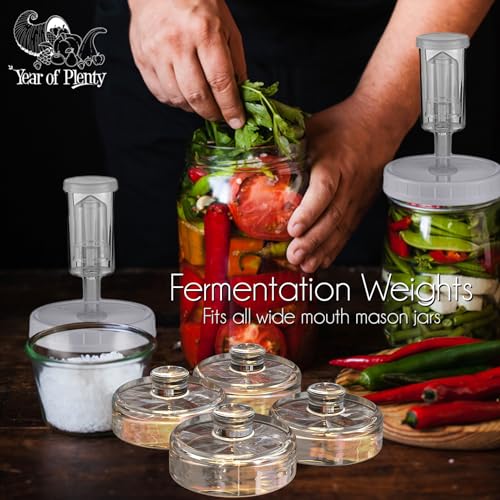 Year of Plenty Fermentation Weights - NonSlip Grip Handle - for Fermenting Sauerkraut, Pickles, Kimchi in Wide Mouth Mason Jars - Lead/Cadmium Free - (Set of 4)