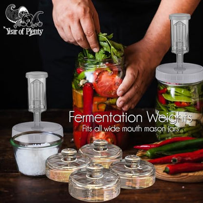 Year of Plenty Fermentation Weights - NonSlip Grip Handle - for Fermenting Sauerkraut, Pickles, Kimchi in Wide Mouth Mason Jars - Lead/Cadmium Free - (Set of 4)