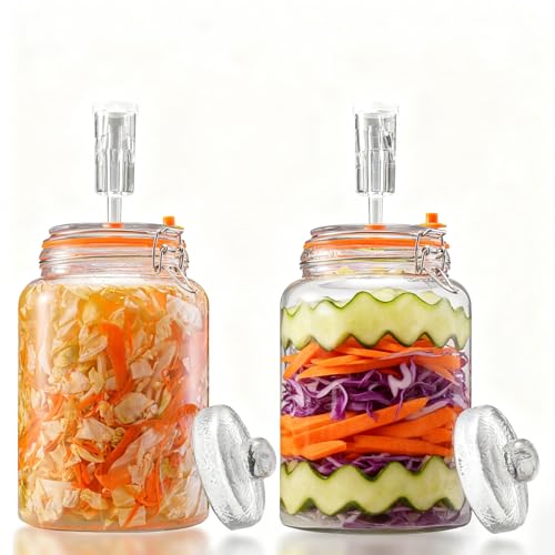 BestYiJo 2PCS 1 Gallon (3.75L) Fermentation Jars with 2 Glass Weights & 2 Airlocks - Ideal for Kombucha, Sauerkraut, Pickles, Sourdough Starter, Kimchi and More