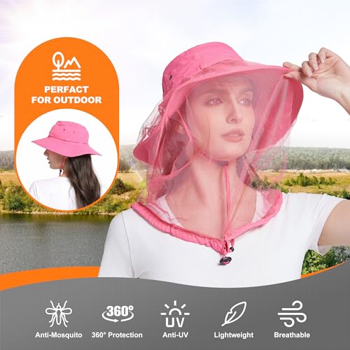Mosquito Head Net Hat - Bug Cap UPF 50+ Sun Protection with Hidden Netting for Beekeeping Hiking Women - color: Rose Red