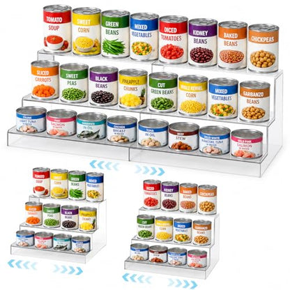 Expandable Can Rack Organizer for Pantry:3-Tier Clear Acrylic Canned Food Storage Holder, Adjustable Pantry Shelf for Kitchen Cabinet & Countertop, Holds Up to 24 Cans