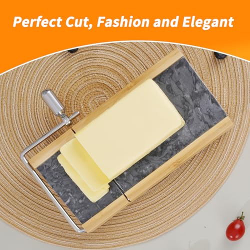 Tianman Cheese Slicer Cheese Cutter with 4 Replacement Cutting Wire,Heavy Duty 8.27"x 4.4",Marble Board Cheese Slicer for Block Cheeses, Butter,Cakes and More(Black Grey) - color: Black