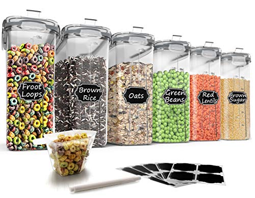 Wildone Cereal Storage Containers Set, Large BPA Free Plastic Airtight Food Storage Containers 4L /135.3oz for Flour, Sugar, 6 Piece Set Cereal Dispensers with 20 Labels & Marker, Grey - color: Grey