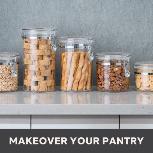 Oggi Clear Canister with Clamp Lid, 38 oz - Large Airtight Food Storage Container, for Kitchen & Pantry Storage of Bulk, Dry Foods Including Pasta, Flour, Sugar, Coffee, Rice, Tea, Spices & Herbs