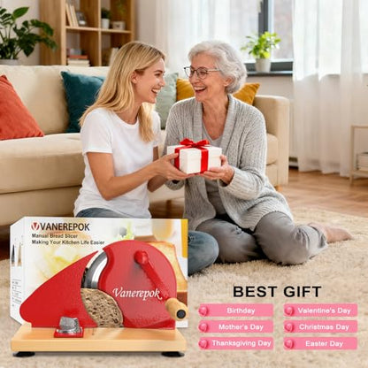 vanerepok Manual Bread Slicer Adjustable Thickness for Homemade Sourdough | Hand Crank Bread Cutter with Scale & Stable Suction Cups & Wood Base for Even Slicing Perfect Baking Gift for Home Bakers - color: Red