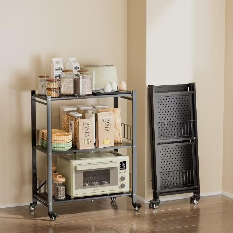 Folding Storage Shelves No Assembly, 3 Tier Metal Foldable Shelves with Wheels, Collapsible Rolling Storage Rack for Laundry Room Garage Small Spaces, Black - color: Black/3-tier