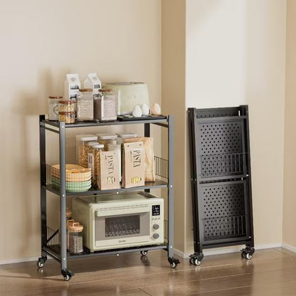 Folding Storage Shelves No Assembly, 3 Tier Metal Foldable Shelves with Wheels, Collapsible Rolling Storage Rack for Laundry Room Garage Small Spaces, Black - color: Black/3-tier