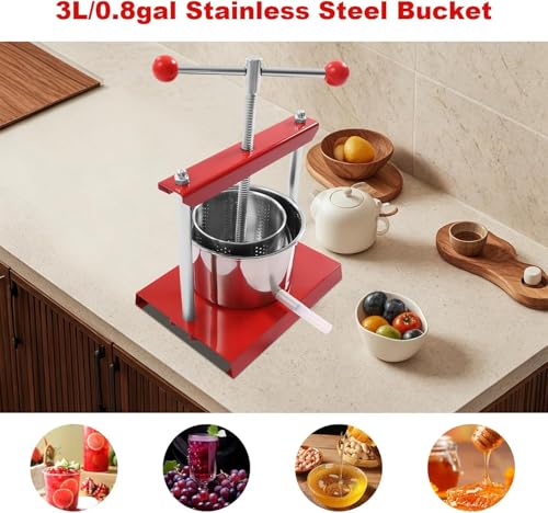 3L/0.8Gal Fruit Wine Press with 2 Stainless Steel Barrels,Cheese Tincture Herb Fruit Wine Manual Press, Honey Olive Oil Making Press with T-Handle,for Outdoor & Home Kitchen(Red)