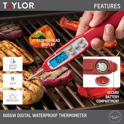 Taylor Digital Instant Read Meat Thermometer for GLP-1 High Protein Meal Prep – Waterproof Kitchen Probe for Chicken, Steak, Lean Cuts, Grill, BBQ – Fast Temperature Check, Blue Backlight Display, Red - color: Red