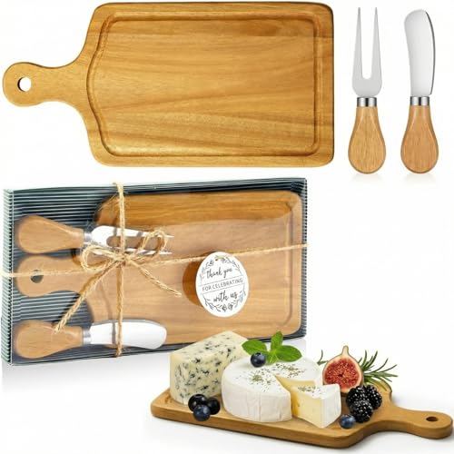 Ziliny 1 Set Bridal Baby Shower Cheese Prizes Wooden Square Board Gift Set Knives Forks Thank You Tags with Box for Guests for Valentines Bridal Baby Shower Housewarming (Teak Wood) - color: Teak Color