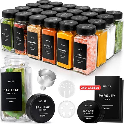 EDELHAUS Glass Spice Jars with Labels (24 x 4oz) Spice Containers with 240 Labels, Shaker Inserts, Funnel, Empty Square Empty Square Seasoning Organizer (Black Lids) - color: Black Lid