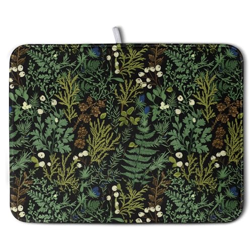 Black Sage Green Plant Dish Drying Mat for Kitchen Counter Vintage Botanic Fern Leaves Floral Dish Drainer Mats Absorbent Microfiber Dishes Pad Reusable Washable Large Dish Draining Mat 18x24 Inch - color: Green Black Plant, size: 18" x 24"
