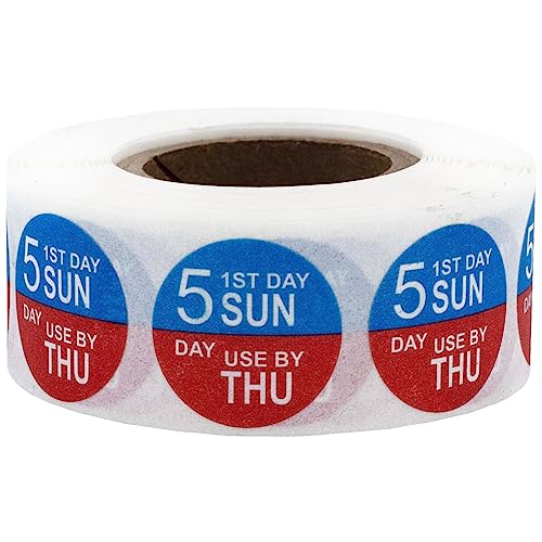 Dissolvable Saturday Through Wednesday 5 Day Food Rotation Labels, 3/4 Inch Use By Stickers, 500 Total Adhesive Labels on a Roll for Restaurant and Kitchen Prep – Made in the USA - color: Sunday