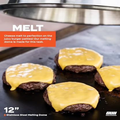 Flat Top Griddle Accessories Set for Blackstone and Camp Chef Griddle - Round Cast Iron Burger Bacon Press with 12 Inch Heavy Duty Round Basting Cover Melting Dome Lid & Basting Brush
