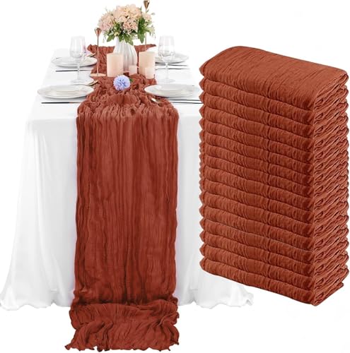 16 Pack Terracotta Cheesecloth Table Runner 35x120 Inch Boho Gauze Cheese Cloth Table Runner 10FT Long Rustic Sheer Table Runners for Wedding Bridal Shower Birthday Party Table Decor - style: Terracotta