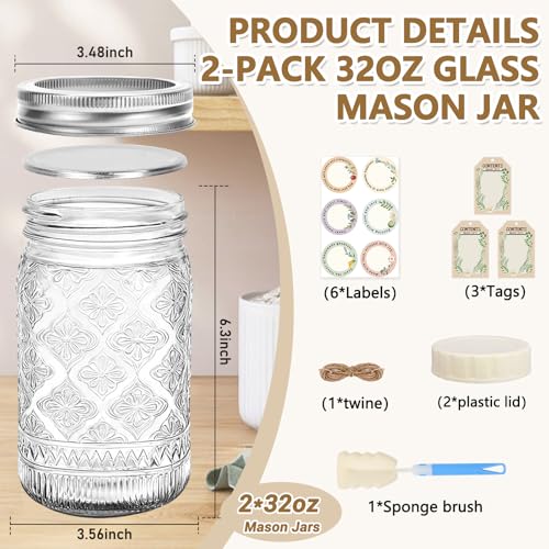 32oz Wide Mouth Mason Jars 2-Pack, Quart Glass Canning Jars with Airtight Lids and Bands & Extra Plastic Lids – Food Storage, Meal Prep, Pickling, Fermenting, Cold Brew, DIY Projects & Gifts - color: Clear-32OZ