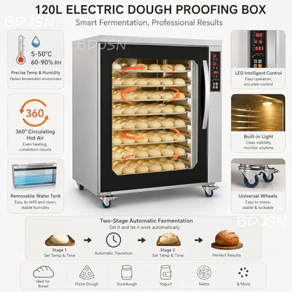 120L Electric Dough Proofing Box, 5-50°C & 60-90% RH Control, 360° Hot Air Circulation, LED Touch Panel, Stainless Steel Fermentation Machine for Bread, Pizza, Sourdough, Yogurt & Natto