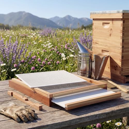 Beeveer 3 Pcs Beehive Parts Kit for 10 Frame Bee Hive, Beehive Screened Bottom Board with Entrance Reducer and Plastic Queen Excluder for Beekeeping Supplies(White) - color: White