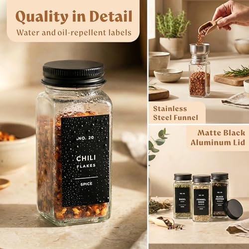 EDELHAUS Glass Spice Jars with Label and Black Aluminium Lids (24 x 4oz) Spice Containers with 240 Labels, Shaker Inserts, Steel Funnel, Empty Square Seasoning Organizer (Black Aluminium Lid) - color: Black Aluminum Lid
