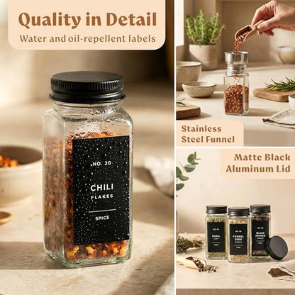 EDELHAUS Glass Spice Jars with Label and Black Aluminium Lids (24 x 4oz) Spice Containers with 240 Labels, Shaker Inserts, Steel Funnel, Empty Square Seasoning Organizer (Black Aluminium Lid) - color: Black Aluminum Lid