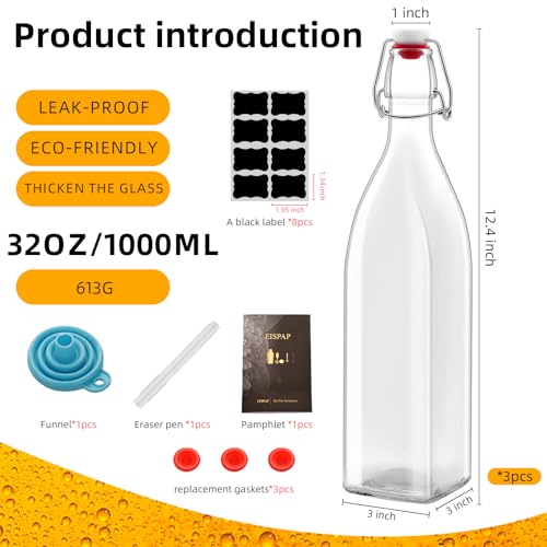 3 Pack 32oz Square Swing Top Glass Bottles, 1000ML Bottles with Airtight Stoppers for Kombucha, Kefir, Vanilla Extract, Beer(Bonus Gaskets, Labels and Funnel)