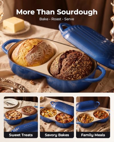 Sourdough Bread Baking Kit with Double Loaf Cast Iron Bread Pan, Blue | Bakes two mini loaves at once with banneton proofing baskets included - color: Blue, size: Double Bread Oven & Baking Kit
