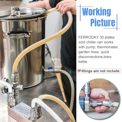 FERRODAY Wort Chiller, 30 Plate 1/2 NPT Plate wort Chiller, Stainless Steel Brazed Plate Heat Exchanger, 1/2 Thread Wort Cooler for Homebrew - 7.3" x 2.8" - size: 30-plate(1/2 npt)
