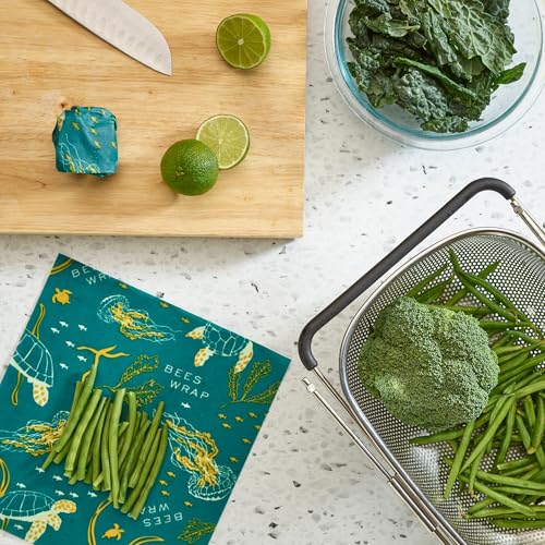 Bee's Wrap Beeswax Wraps for Food - 3 Pack of Assorted Beeswax Wraps - 2 Medium & Sandwich Wrap - Plastic Free Made in USA Reusable Natural Food Wrap - Ocean - style: Lunch Pack Ocean