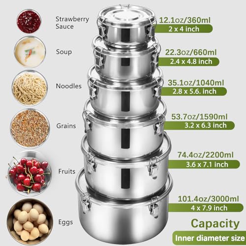 LEEPENK 6 Pcs 304 Stainless Steel Containers With Lids Stainless Steel Snack Containers for Kids,Kimchi Containers Leakproof Stainless Steel Food Storage Containers for Lunch Soup Salad Leftover
