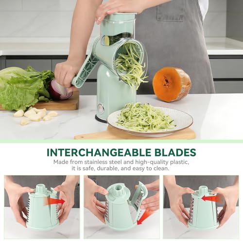 KEOUKE Rotary Cheese Grater 5 in 1 Green - Hand Crank Vegetable Cutter, Shredder, Slicer, Enlarge Input, Suction Base, Labor-Saving Handle, Blade Storage Box, for Onion, Potato, Vegetable, Nuts, etc - color: Green