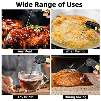 Instant Read Meat Thermometer for Grill and Cooking, Fast and Accurate Digital Food Thermometer with Backlit bi-fold Probe for Kitchen ovens, Frying, Candy, Steak (Black)