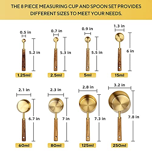 Measuring Cups and Spoons Set of 8, Golden Stainless Steel Measuring Cup with Wooden Handle, Kitchen/Food/Liquid/Baking (gold) - color: Gold