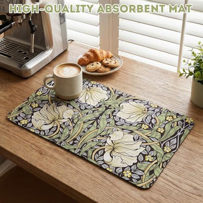 LemonRoad Dish Drying Mat for Kitchen Counter, 12"x20" Absorbent Mat with Morris Pattern, Diatomite Drainer Drying Mats with Non-slip Backing for Coffee Bar Kitchen Sink Countertop - style: Morris Pattern