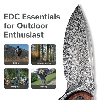CIVIVI Folding Pocket Knife for EDC, Small Mini Praxis Knife for Men Women, 2.98" Damascus Blade Guibourtia Wood Handle, Sharp Camping Hiking Knives C18026C-DS1 - color: Brown
