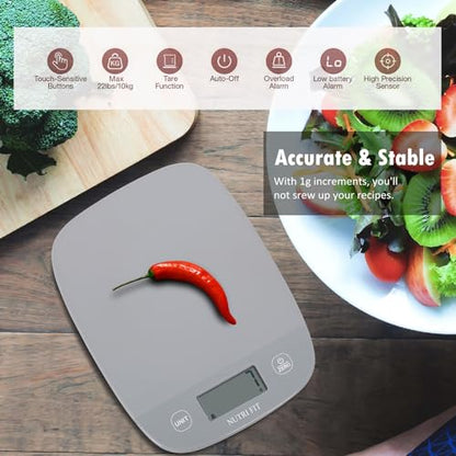 NUTRI FIT Food Scale Kitchen Scales Digital Weight Grams and Ounces for Baking Cooking, Weighing Scale Portion Control, Max 11lb 1g Increment 6 Units Smart Tare Hanging Storage, Gray - color: Cool Gray