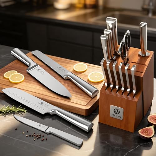 imarku 15-Piece Knife Block Set Built-in Sharpener, Japanese High Carbon Stainless Steel Kitchen Knife Set, Dishwasher Safe, Chef Knife Set with Wooden Knife Block, Santoku Knives for Kitchen Cooking - color: Brown