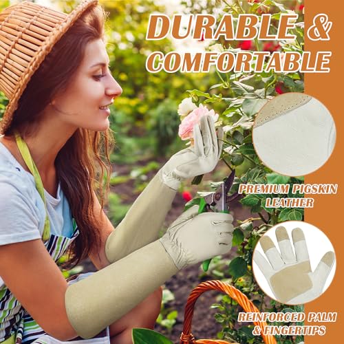 HANDLANDY Pruning Gloves Long for Men & Women, Pigskin Leather Rose Gardening Gloves- Breathable & Durability Gauntlet Glove (Small, Beige) - color: Beige, size: Small (Pack of 1)