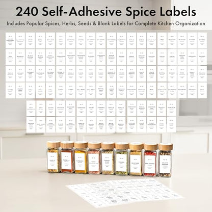 EDELHAUS® Square Spice Jars with Bamboo Wooden Lid (Pack of 24) Spice Jars with Shaker Insert and 240 Labels - Bamboo Lid Glass Container for Spice Organisation [4.3 in × 1.8 in] - color: White Labels