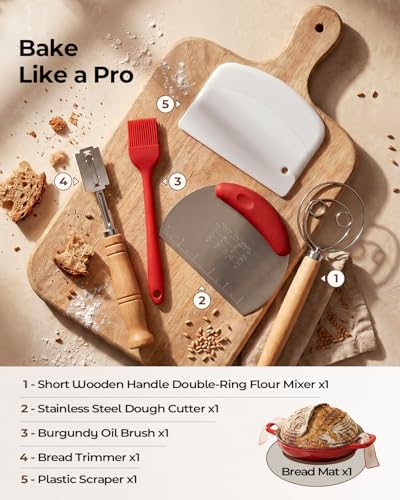 Enameled Cast Iron Bread Oven 5 Qt with Starter Kit, Round Dutch Oven with Lid for Sourdough Baking, Baking Kit Includes Silicone Sling, Banneton & Lame, Complete Artisan Bread Set - color: Red, size: Bread Oven & Baking Kit