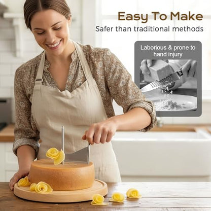 Cheese Curler Wheel, 2026 New Stainless Steel Cheese Slicer, Sharp Blade Cheese & Chocolate Shaver with Wooden Base, Create Cheese Rose Flowers (With Cover) - color: With Cover