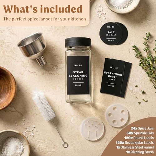 EDELHAUS Glass Spice Jars with Labels (24 x 4oz) Spice Containers with 240 Labels, Shaker Inserts, Funnel, Empty Square Empty Square Seasoning Organizer (Black Lids) - color: Black Lid