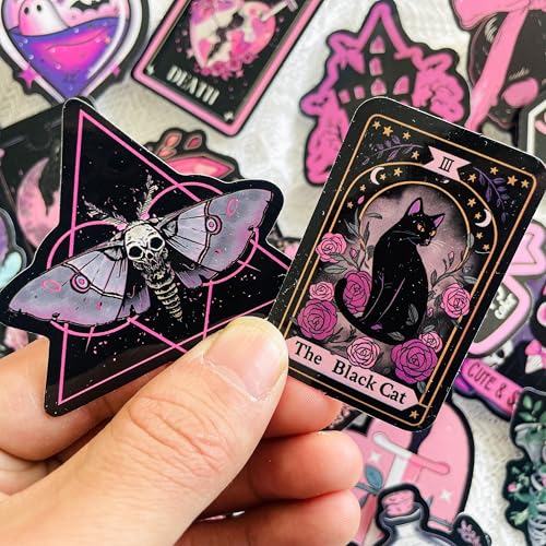 50-Piece Pink Goth Witch Sticker - Pastel Gothic Stickers with Skulls, Crystals, Cats, Tarot Cards, Spooky Quotes - Waterproof Vinyl for Laptops, Scrapbooks, Water Bottles - color: Pink Goth
